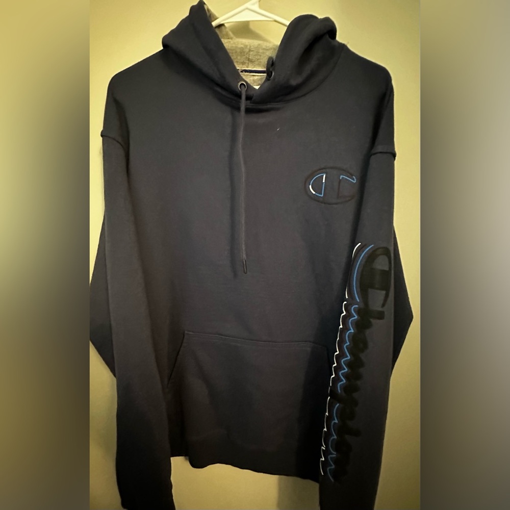 Champion Navy Hoodie with Blue-Trim Sleeve Script